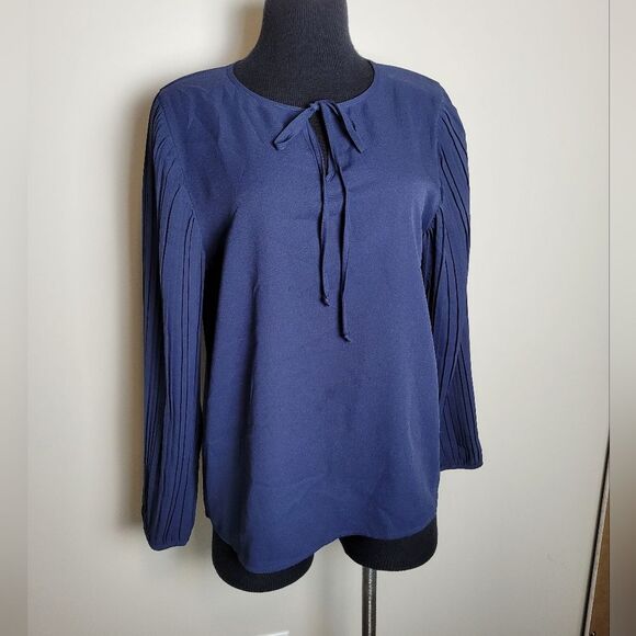 Navy Blue Pleated Sleeve Blouse Office Corporate Formal Church Modest Medium - Picture 1 of 9